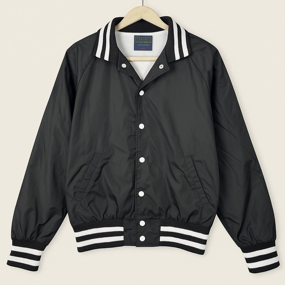 Vintage Hilton Made In USA Bomber Jacket Black Nylon Snap Front L 80s 90s 🇺🇸 - Picture 1 of 6